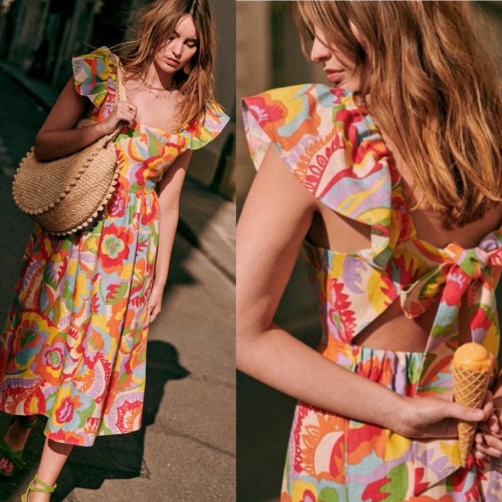 Sezane Melville Organic Linen Midi Dress Seventies Multicolor Print EU 40 US 8